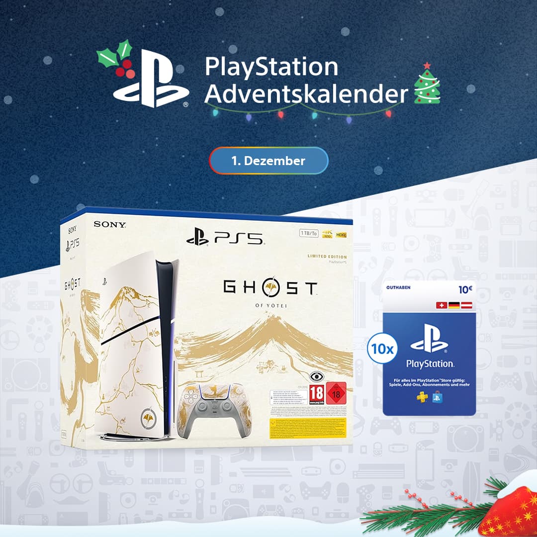 PlayStation Adventskalender, 1. Dezember: die PlayStation 5 Ghost of Yōtei Limited Edition in der Originalverpackung, daneben zehn PlayStation Store-Guthabenkarten im Wert von je 10 Euro, weihnachtlich dekoriert.